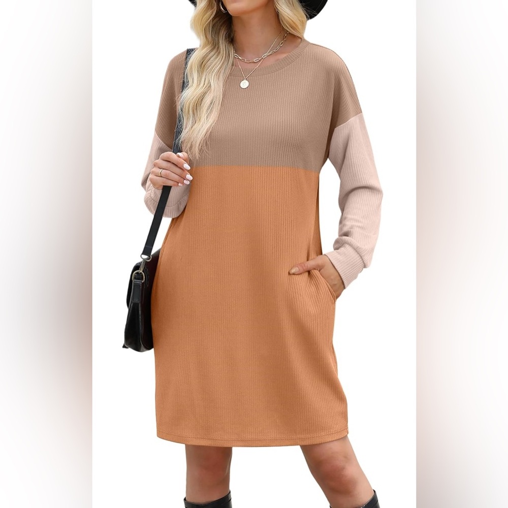 NWT-Long Sleeve Flowy Mini Dresses with Pockets Elegant Cute Tshirt Dress
